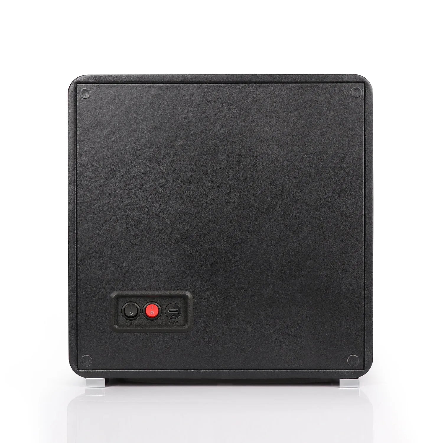 Back view of Aevitas 4 watch winder in black leather with power switches and USB-C port on a white background.