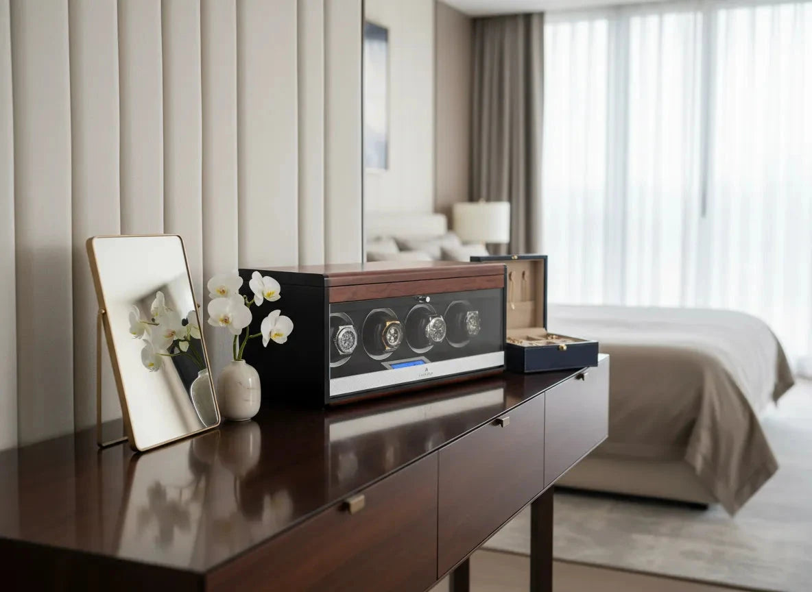 4 Watch Winder with Extra Storage Wood Veneer Finish by Aevitas