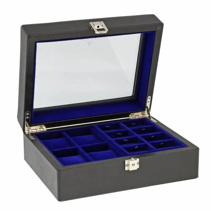 4 Watch and Cufflink Box in Black Genuine Leather