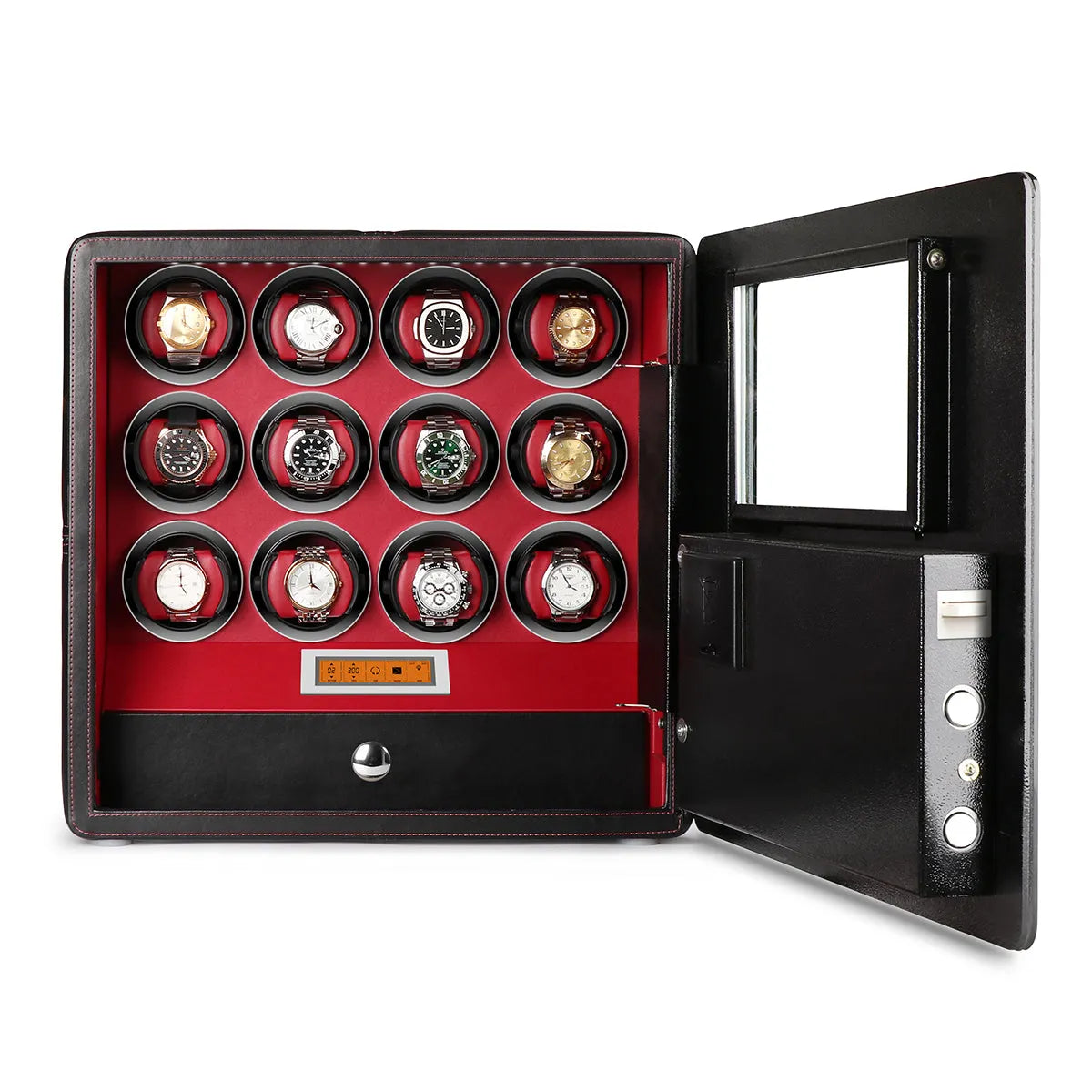 12 Watch Winder Safe Luxury Black Leather with Red Interior by Aevitas