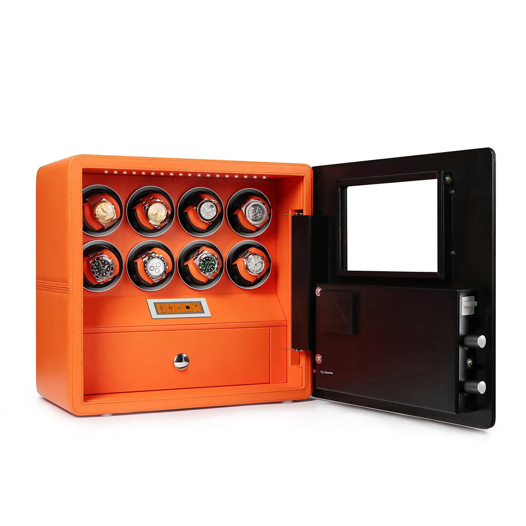 Watch Winder Safe in Orange Leather for 8 Watches by Aevitas