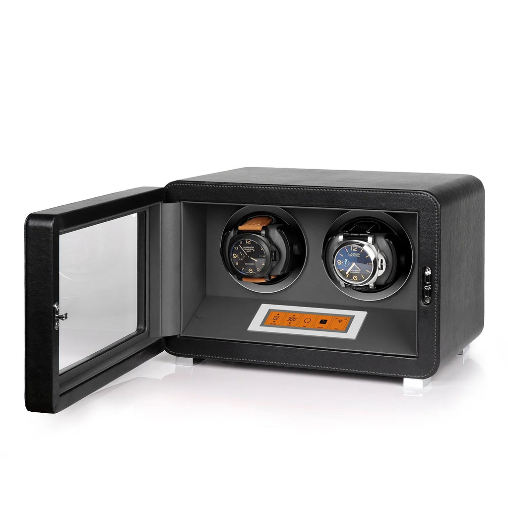 2 Watch Winder in Black and Grey Smooth Leather Finish by Aevitas