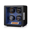 Aevitas 4-watch winder in smooth black vegan leather with a vibrant blue interior and digital control display.