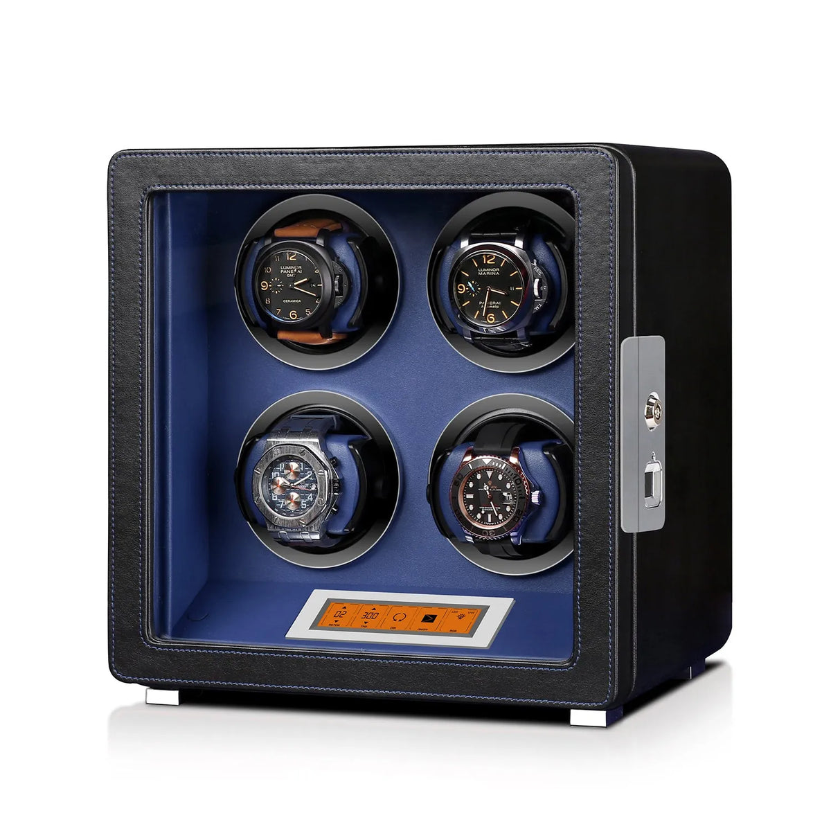 4 Watch Winder in Smooth Black and Blue Leather Finish by Aevitas