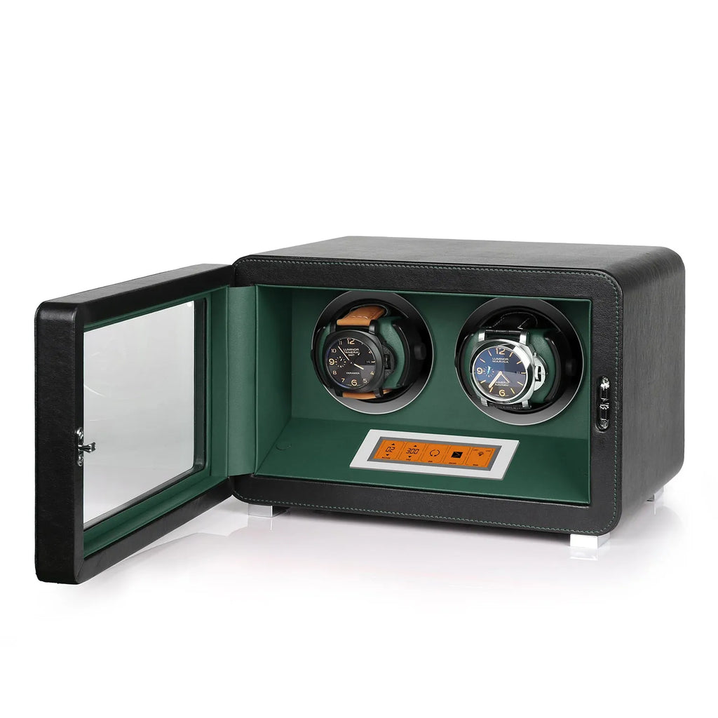 2 Watch Winder in Black and Green Smooth Leather Finish by Aevitas