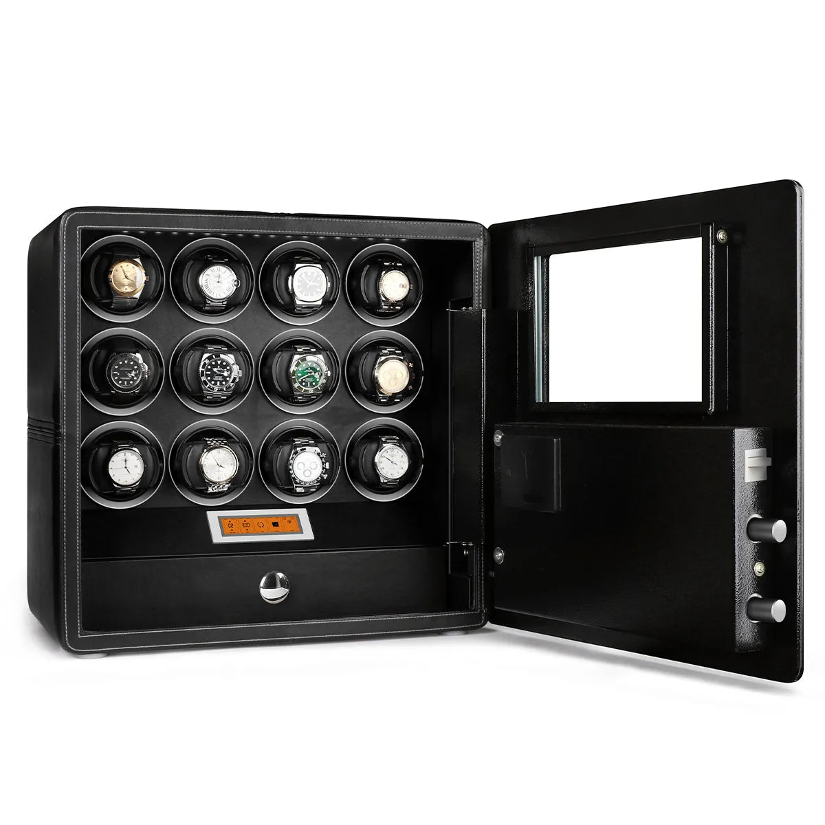 12 Watch Winder Safe Luxury Black Leather with Contrast Stitching by Aevitas