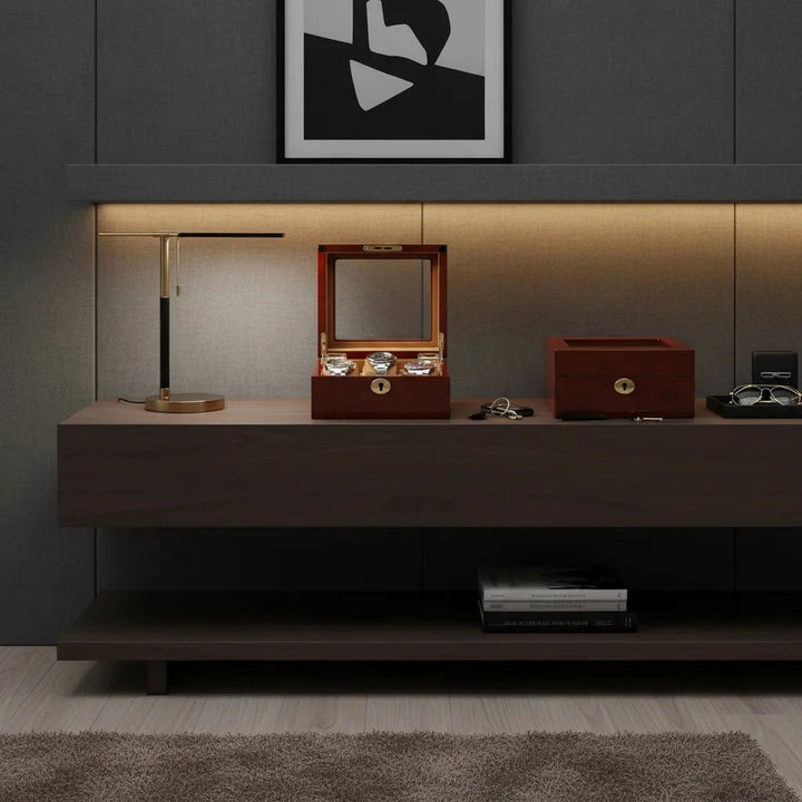 A modern room features the Aevitas 6 Watch Box in luxurious camphor wood with camel lining, a lamp, sunglasses, and books on a console. Minimalist black-and-white art hangs above.