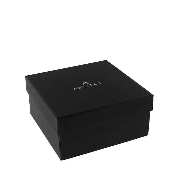 The 6 Watch Box in Luxurious Camphor Wood with Camel Lining by Aevitas features a sleek black design, fitted lid, and white AEVITAS branding on top—ideal as a stylish storage solution for any watch collection.