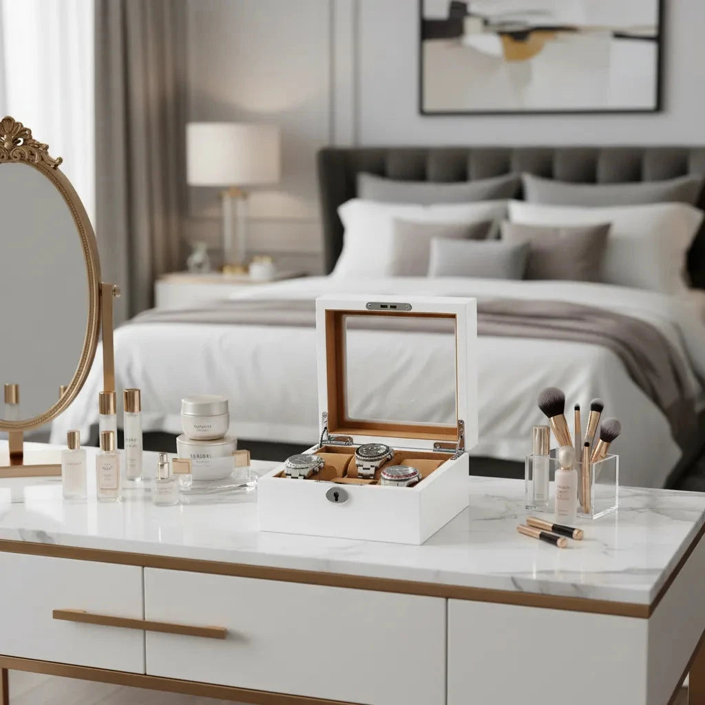 A modern bedroom features the Aevitas 6 Watch Box in luxurious white wood with camel lining, displaying timepieces alongside beauty products and brushes on a marble vanity table. A bed with pillows and a lamp sits in the background.