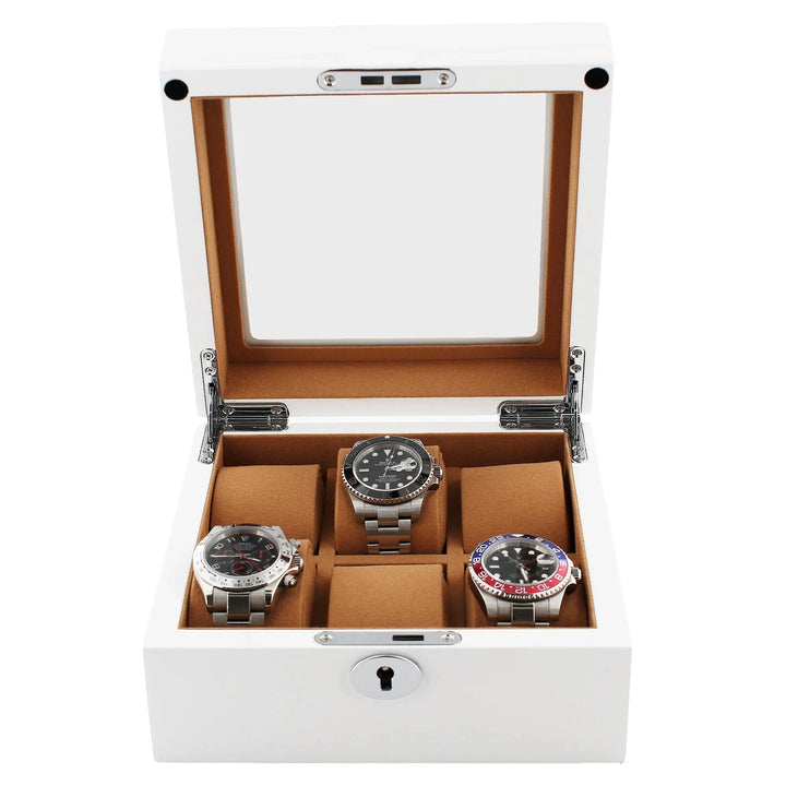 The Aevitas 6 Watch Box is crafted from luxurious white wood with a glass lid, elegant camel lining, and a secure front lock—perfect for displaying your timepieces in style.