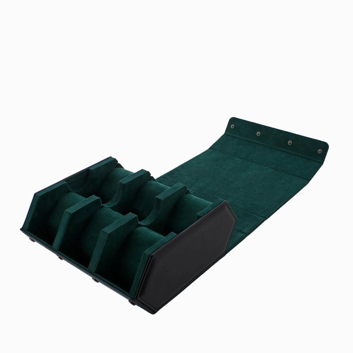 The Aevitas Watch Winders 6 Watch Travel Case features black leather in a hexagon style, green lining, and multiple compartments—shown partially unrolled on a white background.