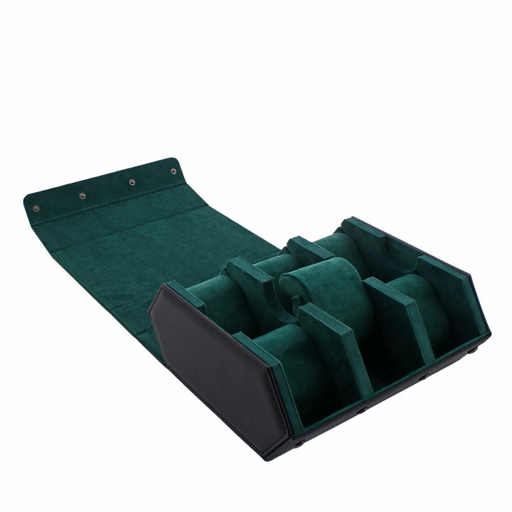 The Aevitas Watch Winders 6 Watch Travel Case in Black Leather with Green Lining, Hexagon Style, features multiple compartments to securely hold and protect your watches during travel. Shown open and empty.