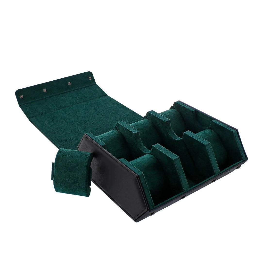 The Aevitas Watch Winders 6 Watch Travel Case in black leather with green lining features a hexagon style and folding cover, ideal for stylishly storing or gifting your watches on the go.