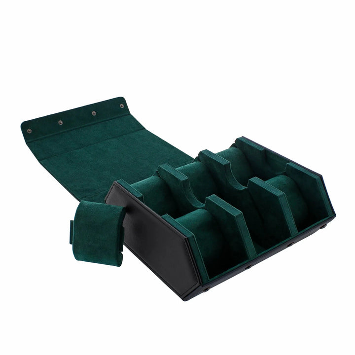 The Aevitas Watch Winders 6 Watch Travel Case in black leather with green lining features a hexagon style and folding cover, ideal for stylishly storing or gifting your watches on the go.