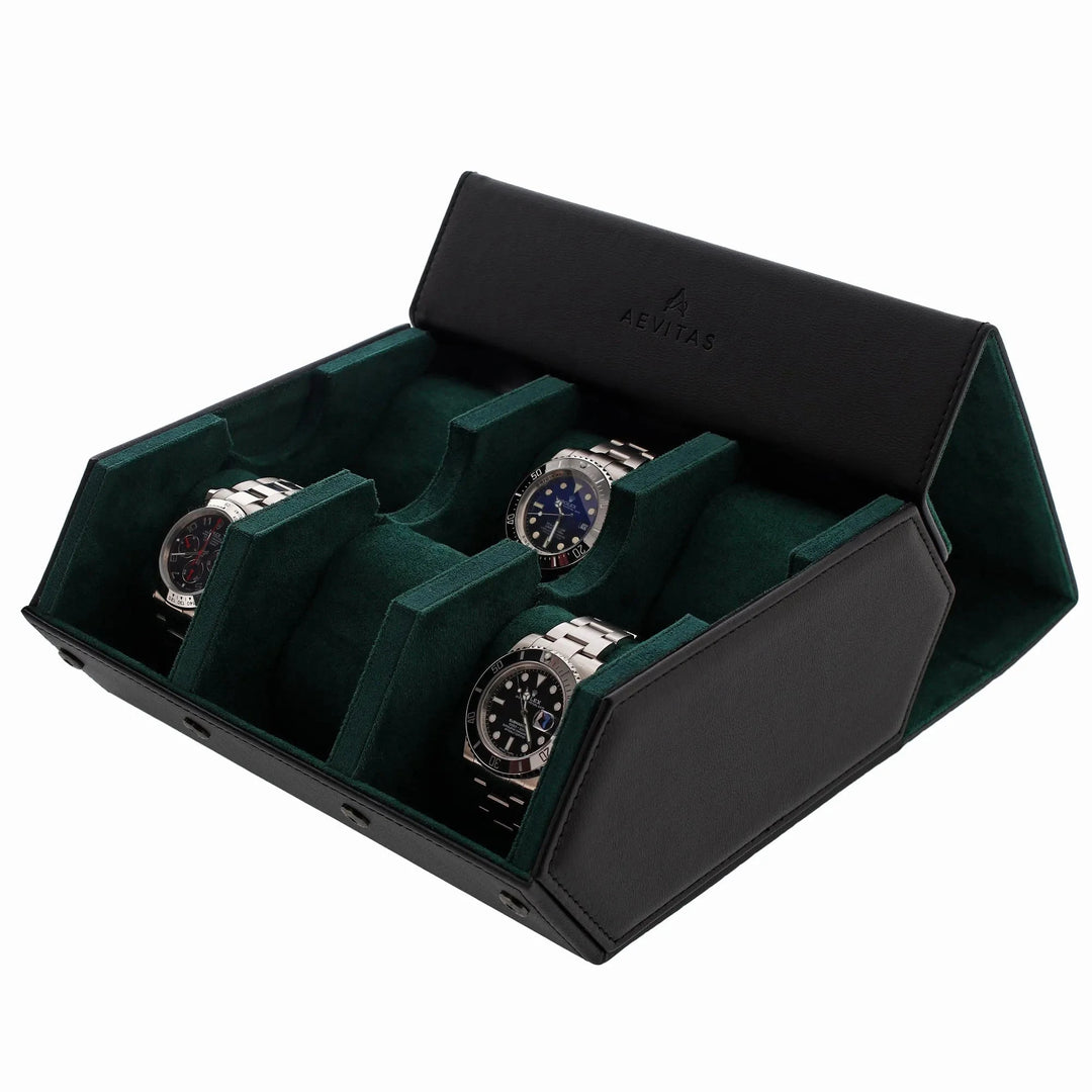 The Aevitas Watch Winders 6 Watch Travel Case in black leather with green lining, hexagon style, holds up to six watches in padded compartments. Shown open, it’s a stylish gift box for neatly displaying your watch collection.
