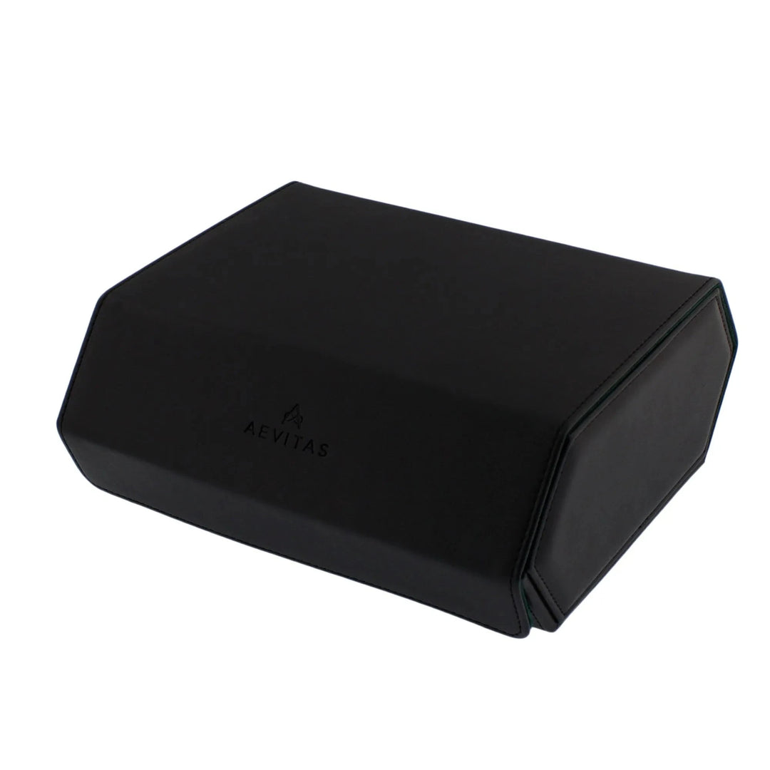 Aevitas Watch Winders 6 Watch Travel Case in Black Leather with Green Lining, hexagon style, features beveled edges and the logo on the lid. This elegant vegan leather case is shown closed against a white background.