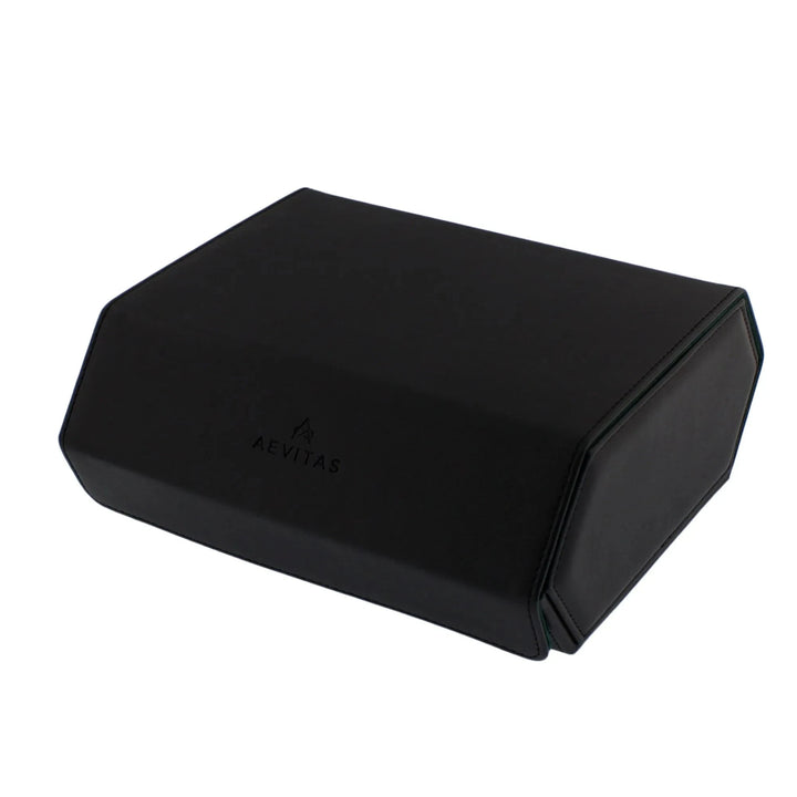Aevitas Watch Winders 6 Watch Travel Case in Black Leather with Green Lining, hexagon style, features beveled edges and the logo on the lid. This elegant vegan leather case is shown closed against a white background.
