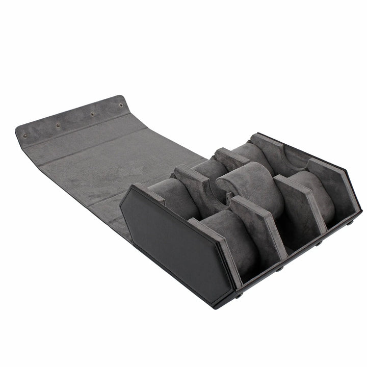 The Aevitas Watch Winders 6 Watch Travel Case in black leather with a grey lining features a hexagon style, padded compartments, and a snap-button flap for secure watch storage—an ideal gift for watch enthusiasts.