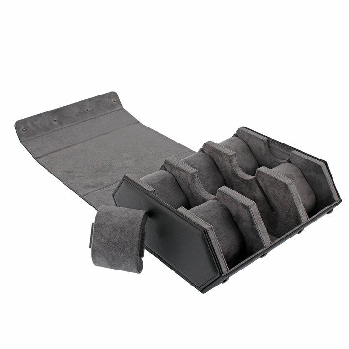 The Aevitas Watch Winders 6 Watch Travel Case in black leather with grey lining, hexagon style, is shown open with a cushion removed—an elegant gift for watch enthusiasts.