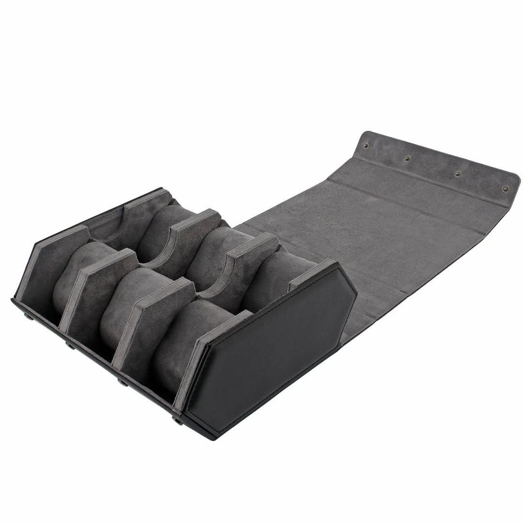 The Aevitas Watch Winders 6 Watch Travel Case in black leather with grey lining features a stylish hexagon design with six cushioned slots for secure watch storage—an ideal gift for watch lovers on the go.