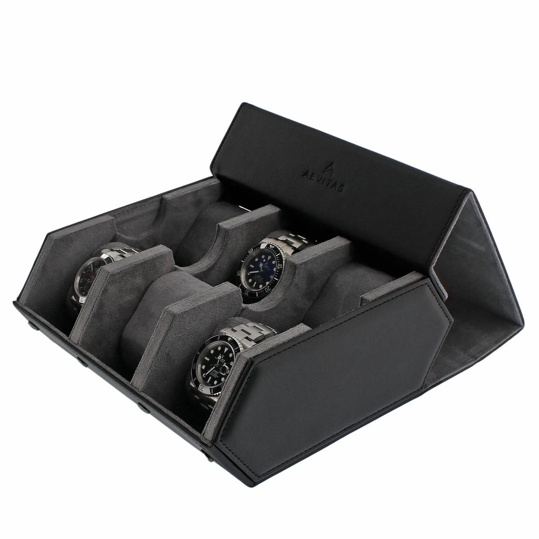 The Aevitas Watch Winders 6 Watch Travel Case in black leather with grey lining features a hexagon style and holds six watches in padded compartments—ideal for organizing or gifting any watch lover.
