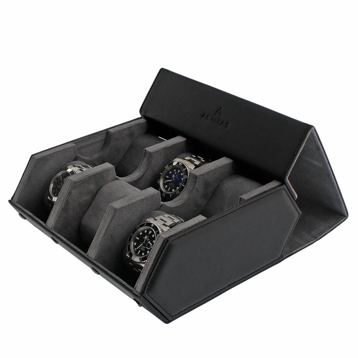 The Aevitas Watch Winders 6 Watch Travel Case in black leather with grey lining features a hexagon style and holds six watches in padded compartments—ideal for organizing or gifting any watch lover.