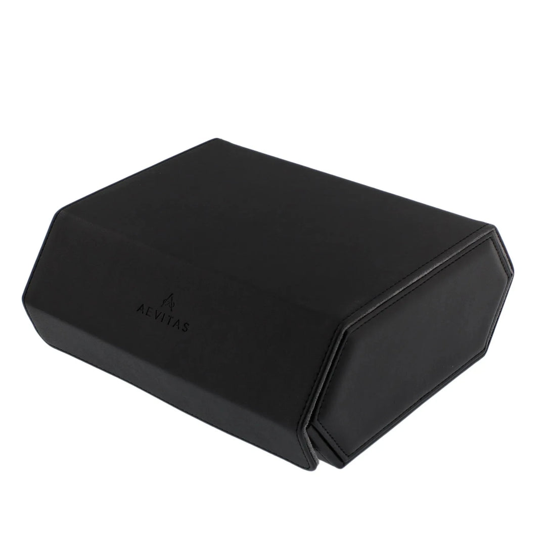 The 6 Watch Travel Case by Aevitas Watch Winders features a black hexagon design in vegan leather with grey lining, subtle edge stitching, and the AEVITAS logo. Photographed closed on a white background; perfect gift for watch enthusiasts.