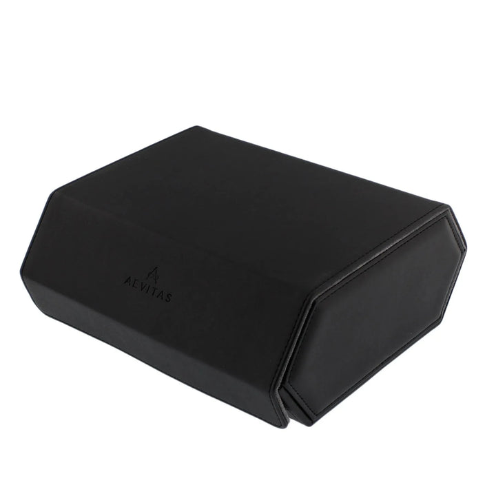 The 6 Watch Travel Case by Aevitas Watch Winders features a black hexagon design in vegan leather with grey lining, subtle edge stitching, and the AEVITAS logo. Photographed closed on a white background; perfect gift for watch enthusiasts.