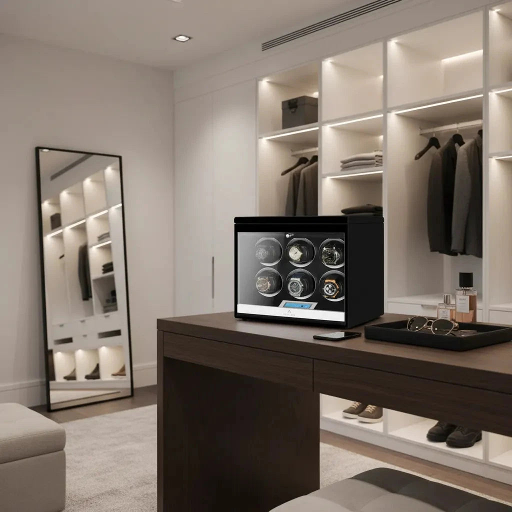 A modern walk-in closet with an open wardrobe, clothes on hangers, large mirror, and wooden table. On the table is the Aevitas 6 Watch Winder Black Edition with Extra Storage Area, next to sunglasses and bottles.