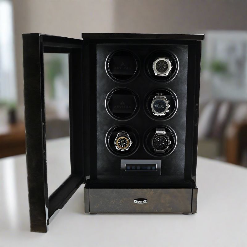 6 Watch Winder Dark Burl Wood Finish the Tower Series by Aevitas