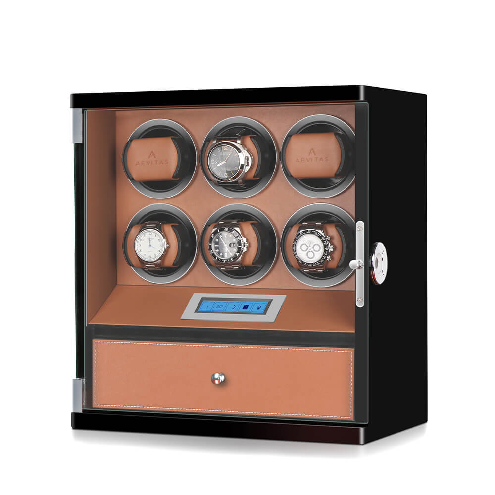 6 Watch Winder Piano Black Wood with Brown Leather and Storage Drawer Tower Series by Aevitas