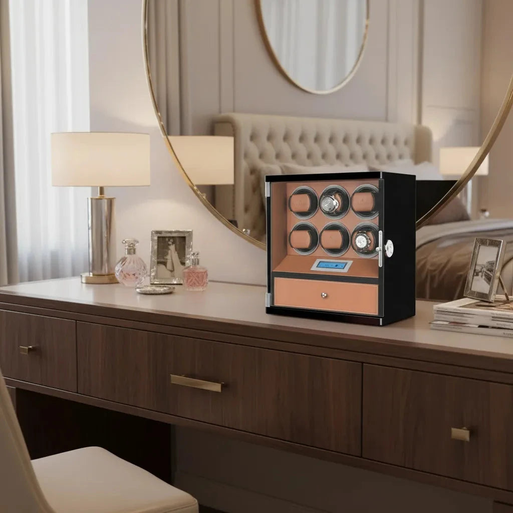 6 Watch Winder Piano Black Wood with Brown Leather and Storage Drawer Tower Series by Aevitas