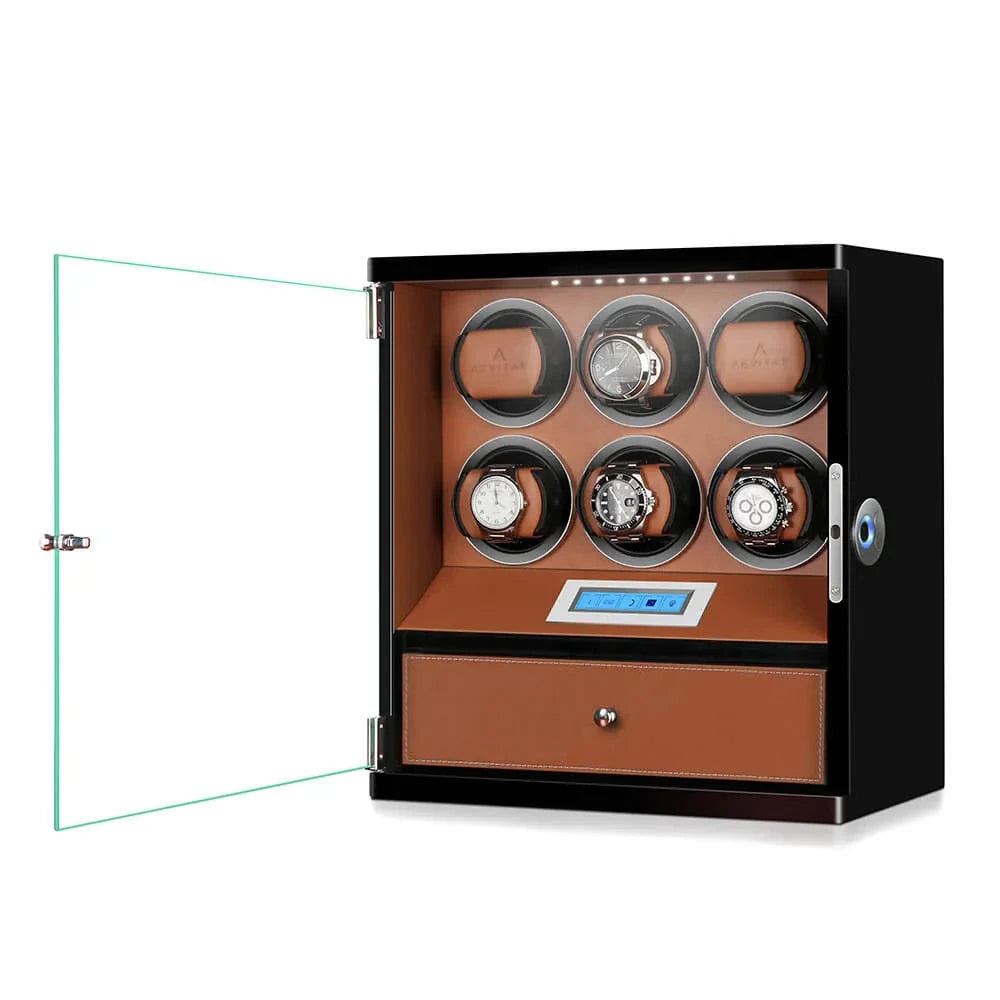 6 Watch Winder Piano Black Wood with Brown Leather and Storage Drawer Tower Series by Aevitas