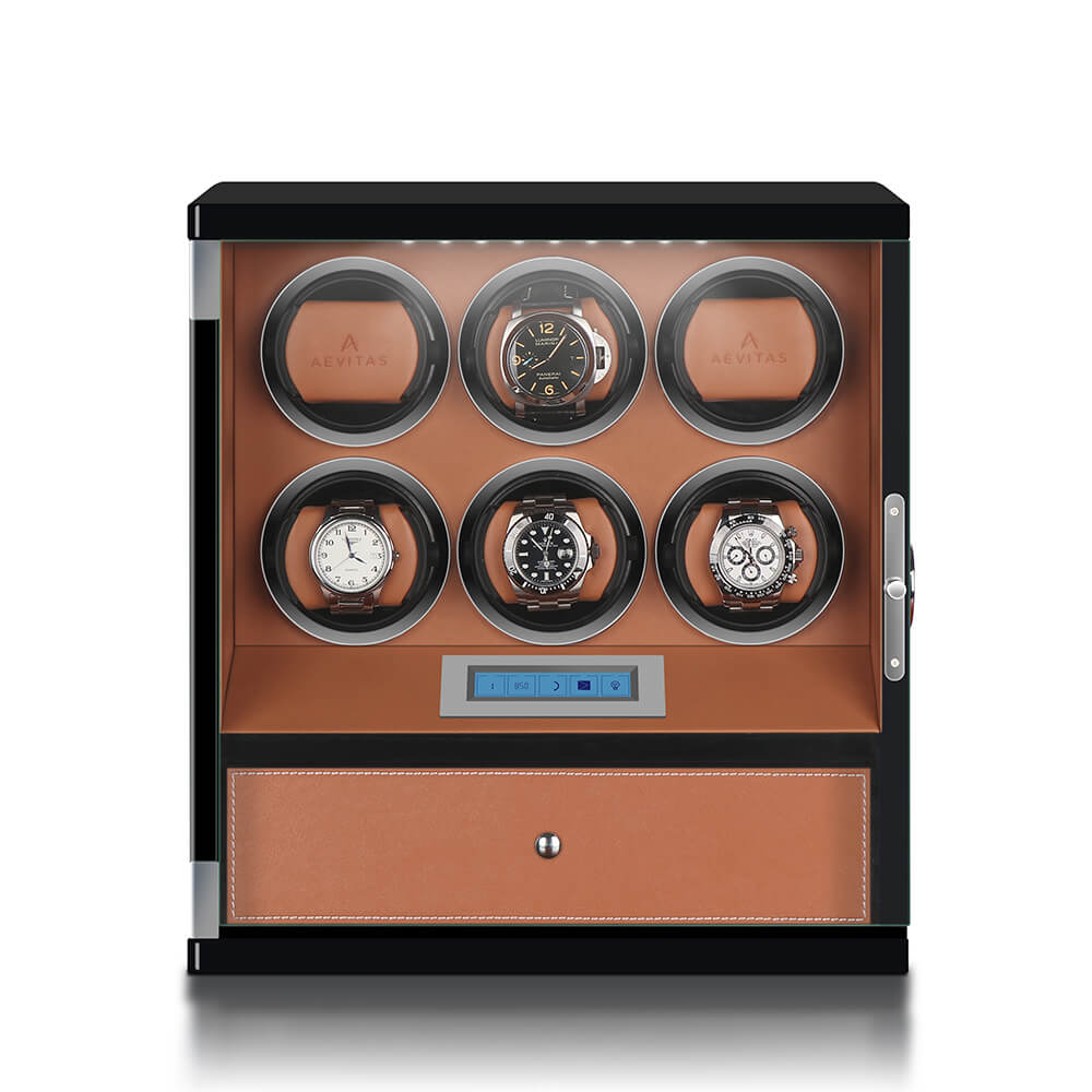 6 Watch Winder Piano Black Wood with Brown Leather and Storage Drawer Tower Series by Aevitas