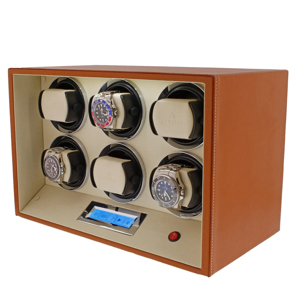 6 Watch Winder Safe Module Brown Smooth Leather Finish by Aevitas