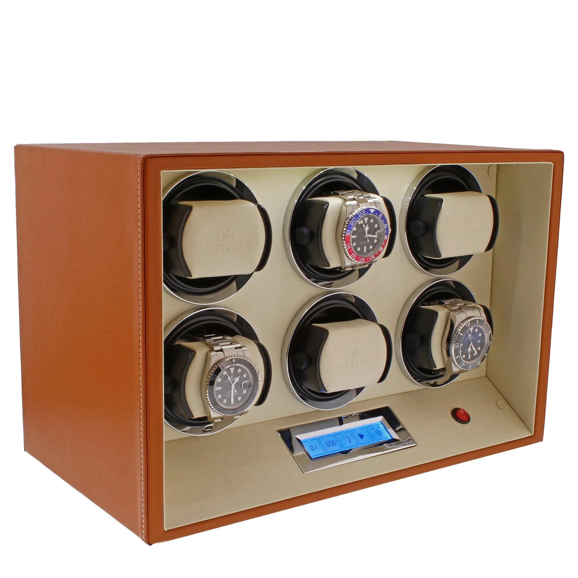 6 Watch Winder Safe Module Brown Smooth Leather Finish by Aevitas