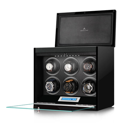 6 Watch Winder in Carbon Fibre with Extra Storage Area by Aevitas