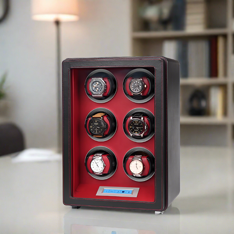 6 Watch Winder in Smooth Black Leather Finish by Aevitas UK
