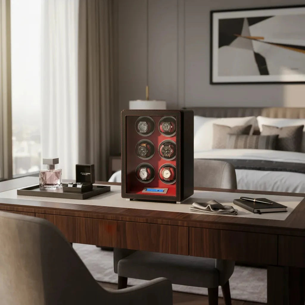 6 Watch Winder in Smooth Black Leather Finish by Aevitas UK