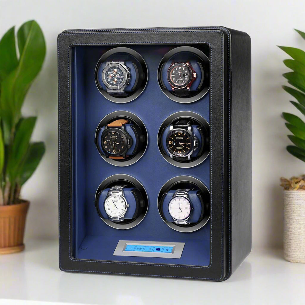 6 Watch Winder in Smooth Black and Blue Leather Finish by Aevitas UK