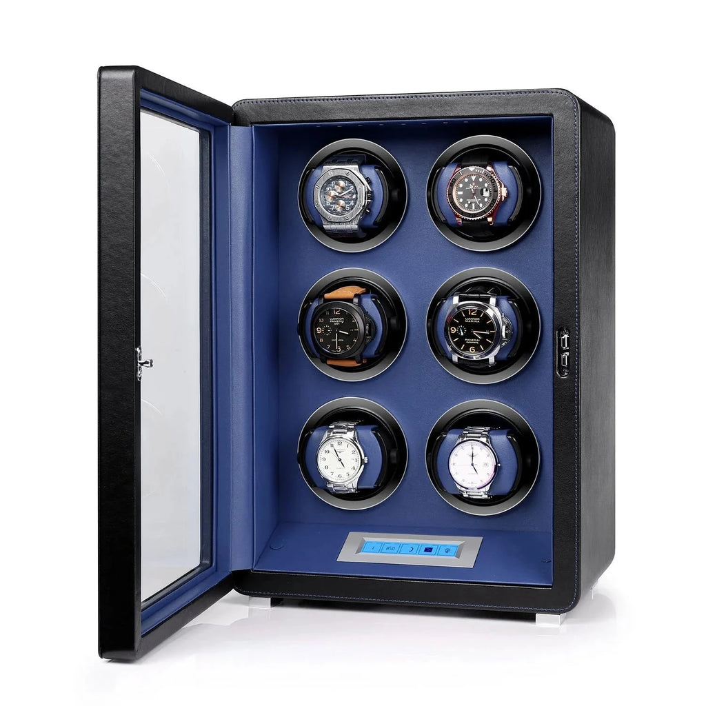 6 Watch Winder in Smooth Black and Blue Leather Finish by Aevitas UK