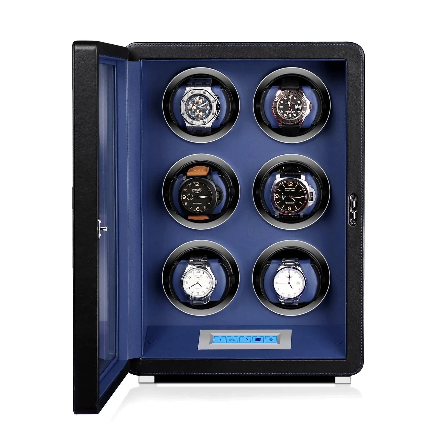 6 Watch Winder in Smooth Black and Blue Leather Finish by Aevitas UK