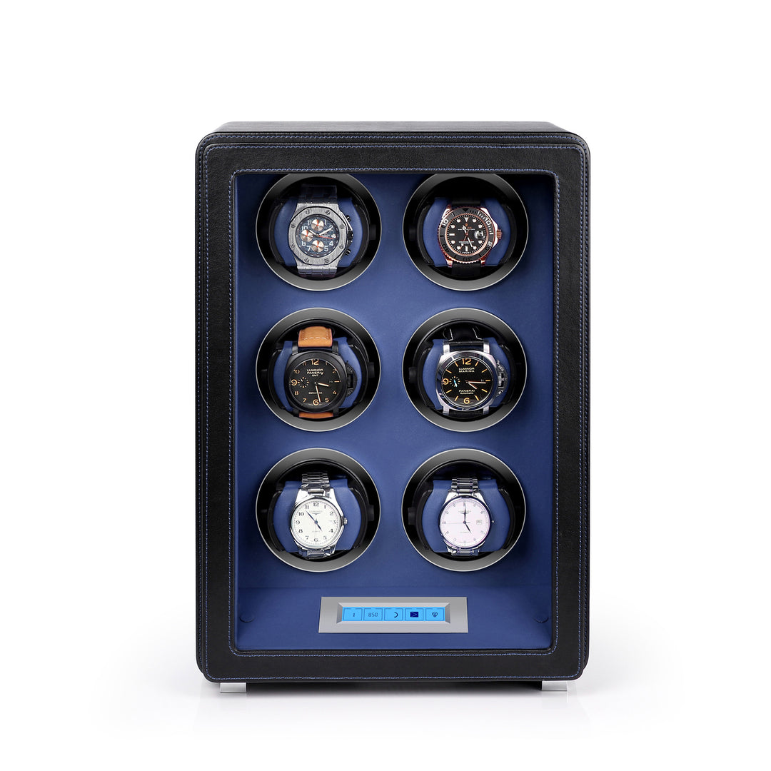 6 Watch Winder in Smooth Black and Blue Leather Finish by Aevitas UK