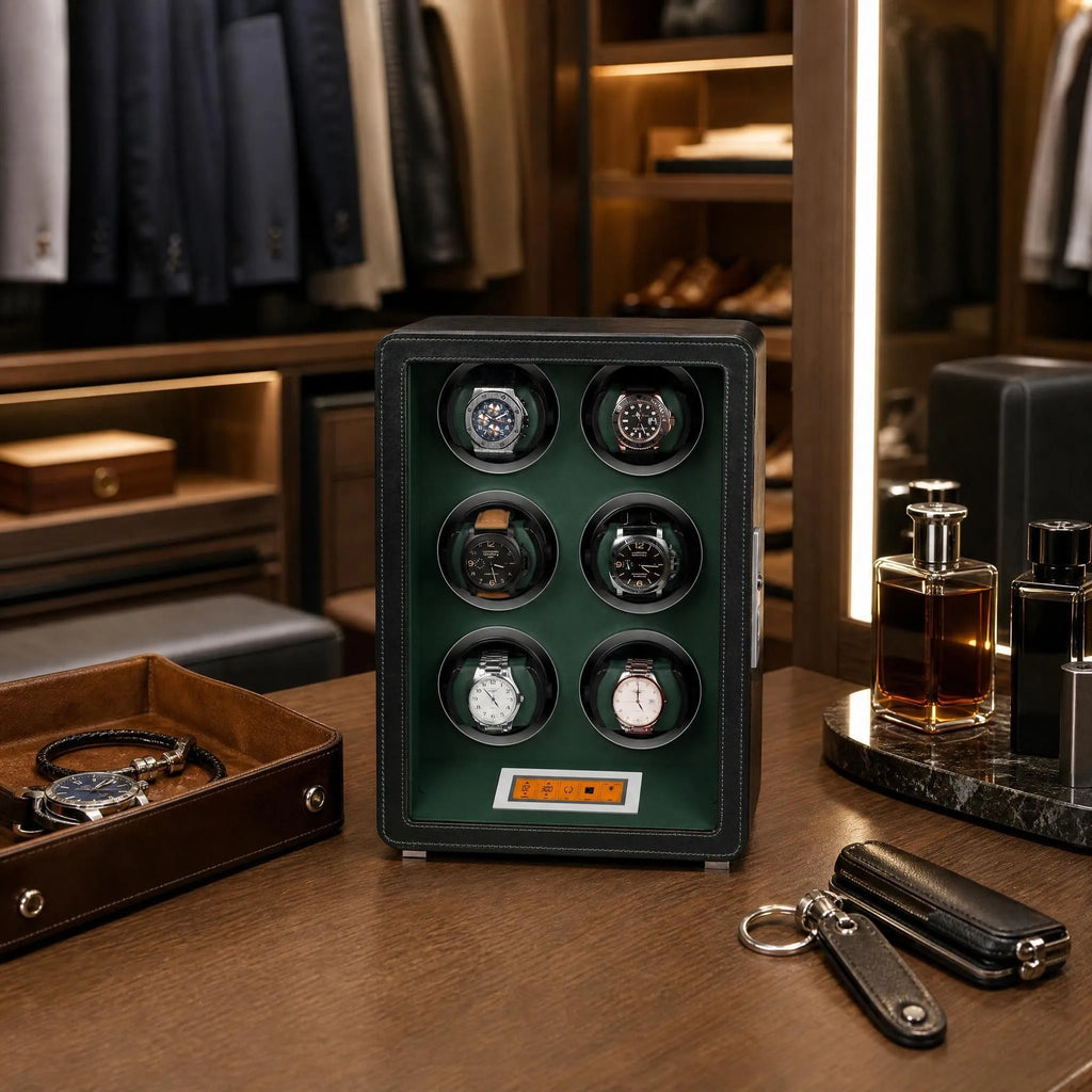 Close-up of a black and green leather watch winder in a luxury walk-in dressing room with elegant watches and mirrors.
