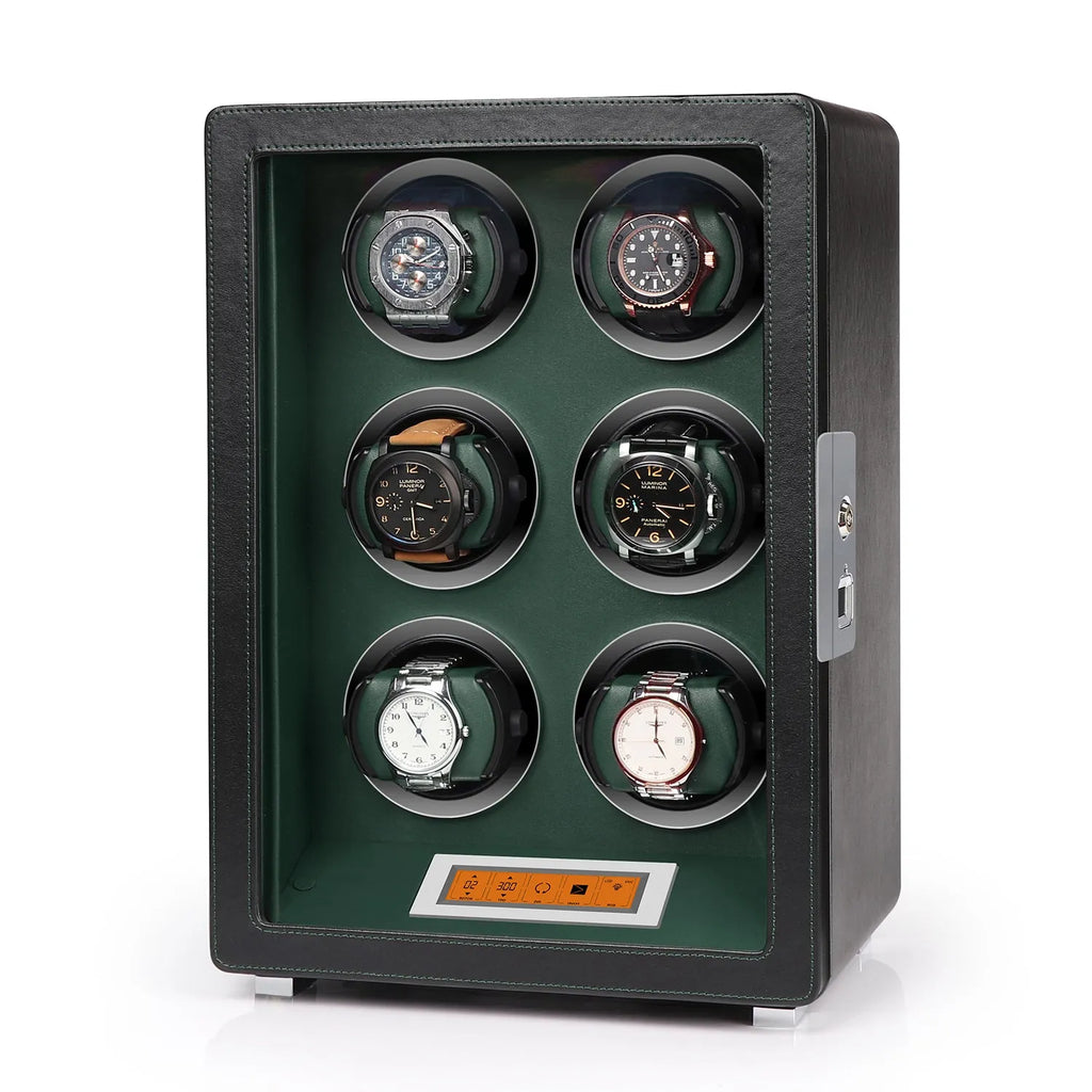 Aevitas 6-watch winder in black vegan leather with green interior, featuring a touchscreen display and silver accents.
