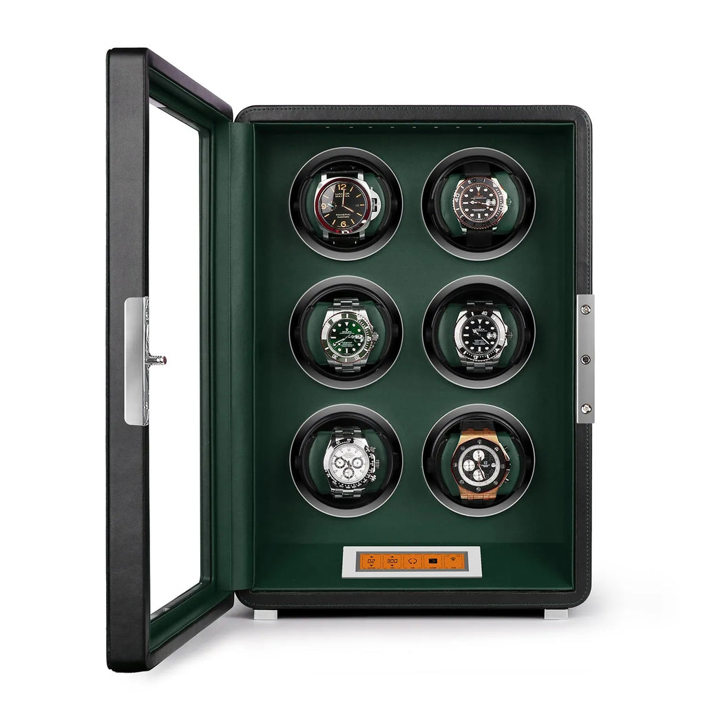 Aevitas 6-watch winder in black vegan leather with green interior, glass door, and digital touchscreen control panel.