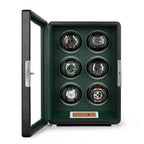 Aevitas 6-watch winder in black vegan leather with green interior, glass door, and digital touchscreen control panel.