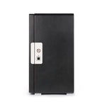 Aevitas 6 watch winder in smooth black leather with a silver fingerprint lock and key mechanism.