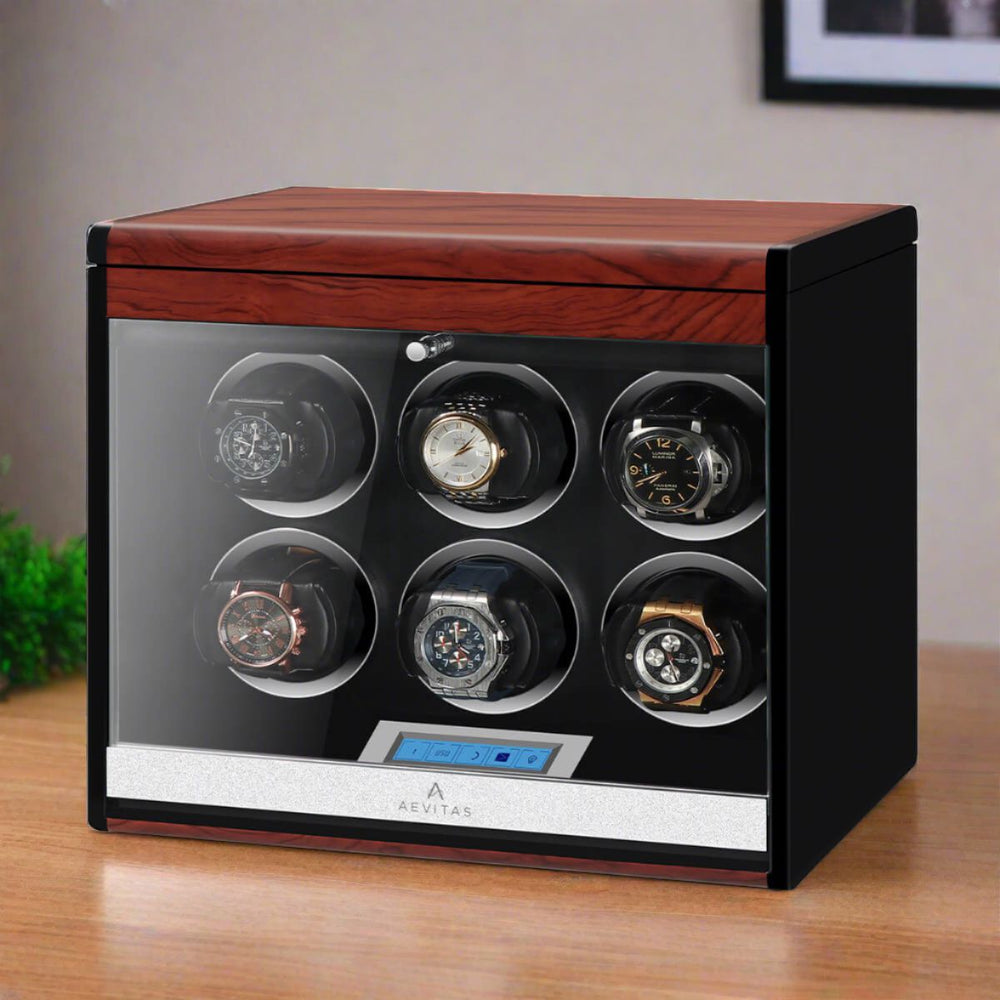 6 Watch Winder with Extra Storage with Wood Veneer Finish by Aevitas