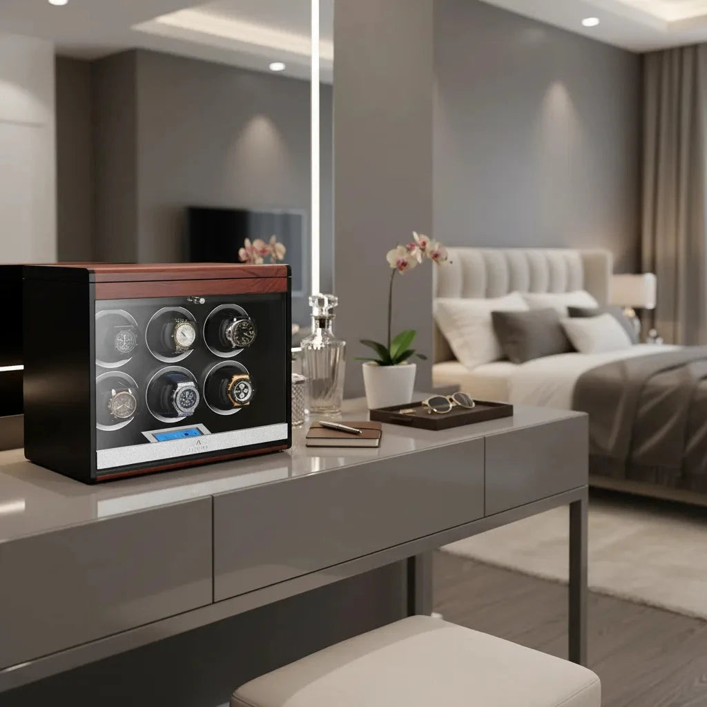 6 Watch Winder with Extra Storage with Wood Veneer Finish by Aevitas